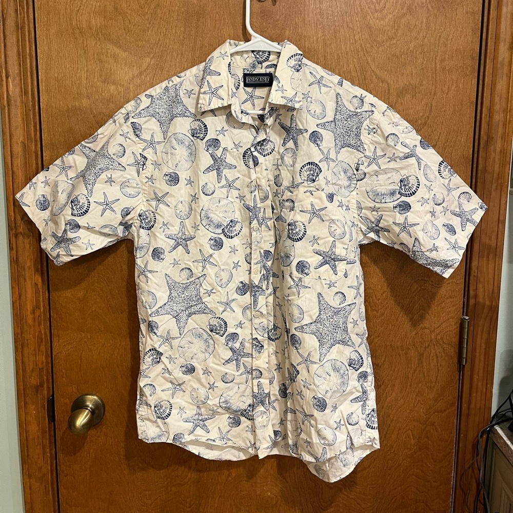 LANDS' END white & blue beach themed short sleeve button down top
